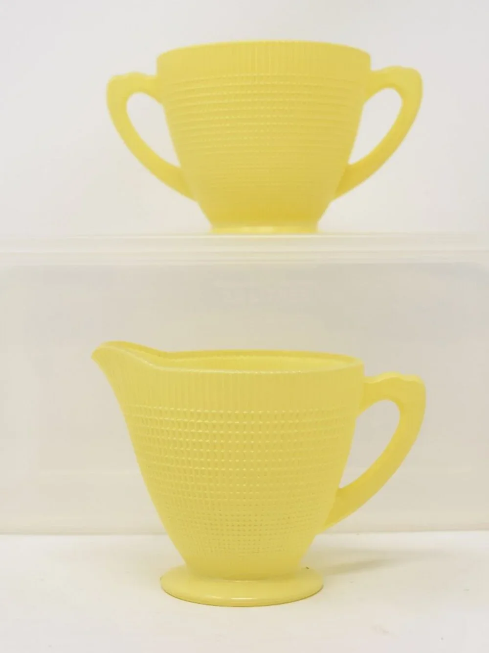 Dominion Glass Saguenay Creamer & Sugar Bowl Yellow 1940s Midcentury Boho Cottag